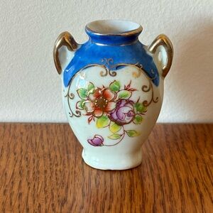 Vintage Miniature Vase Ceramic Porcelain Flower Pitcher Painted Gold Accents 2.5